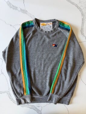 Aviator Nation Gray Crewneck Sweatshirt w/ Green, Blue & Yellow Stripes, Men’s M